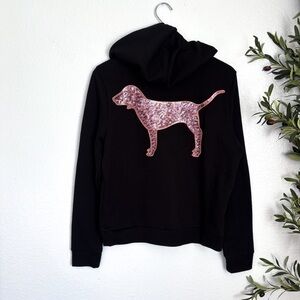 Victoria Secret PINK Black Dog Hoodie with Rose Gold Sequin Design L